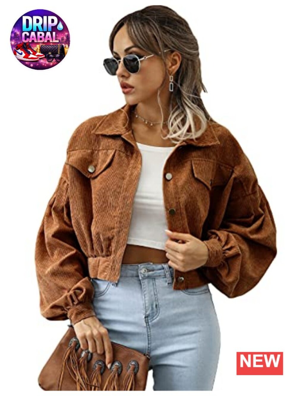 Qiaomai Womens Cropped Corduroy Jacket Button Down Puff Sleeve Shacket Coat